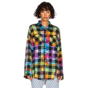 R13 Oversized Drop Neck Shirt (Sz XS) Cotton Gauze Button Up Rainbow Plaid Check